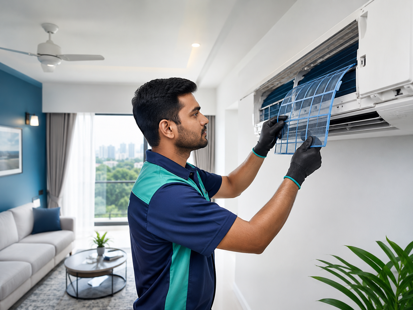 AC service technician cleaning air conditioner in Chennai